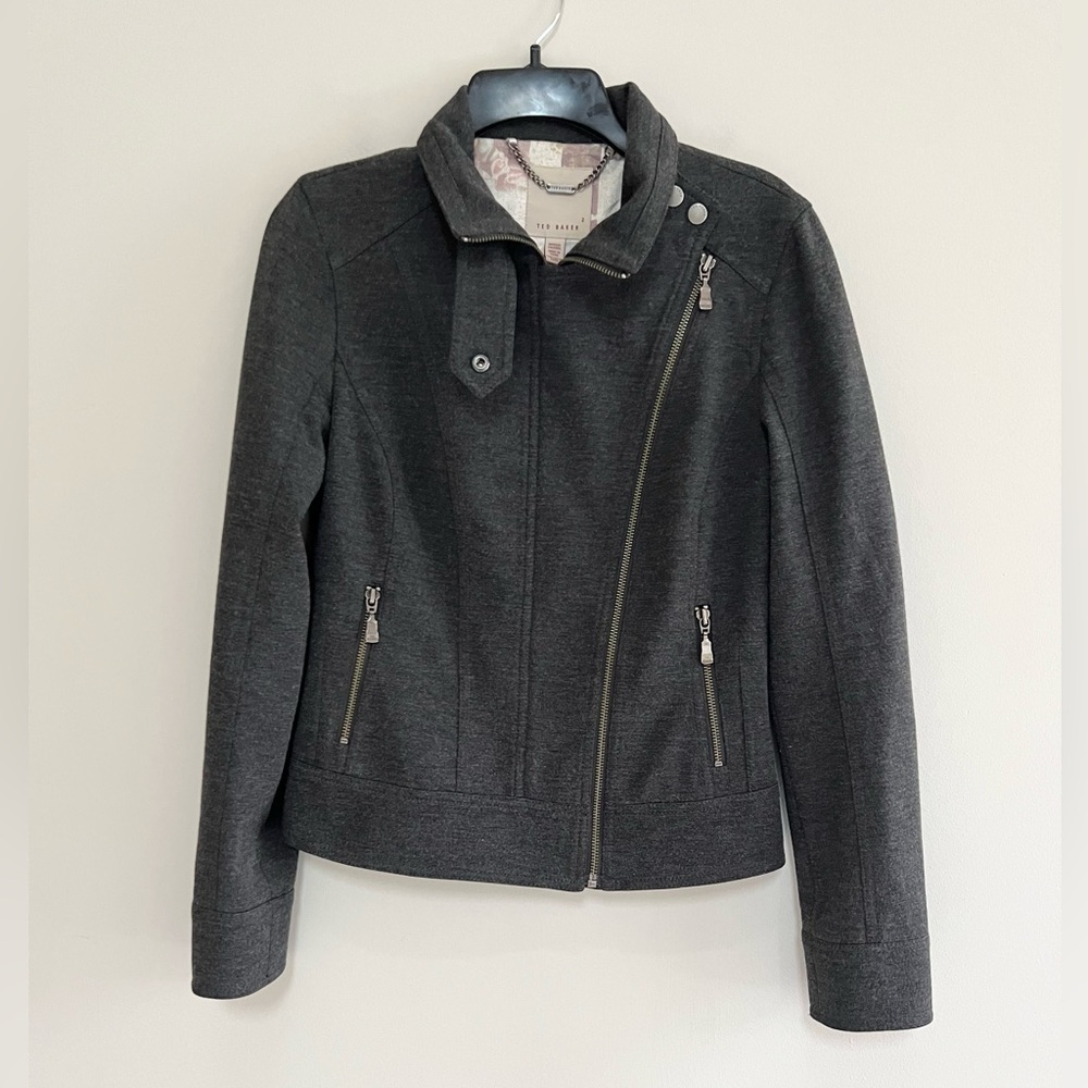 Ted Baker Double Zipper Moto Jacket in Dark Charcoal Grey, size 2 - Picture 2 of 12